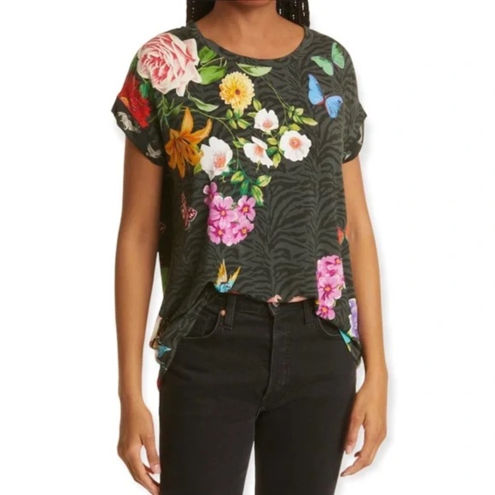 JOHNNY WAS Blooming Breeze Relaxed Tee Black Floral Short Sleeve Crew Neck M